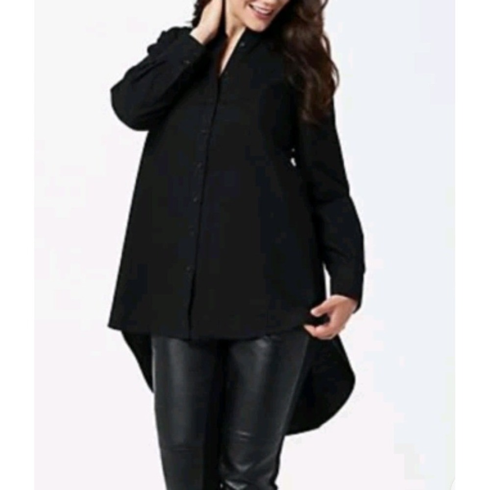 Lisa Rinna Collection Black Cotton Flannel Hi-Low Button Front Tunic Top 1X NEW